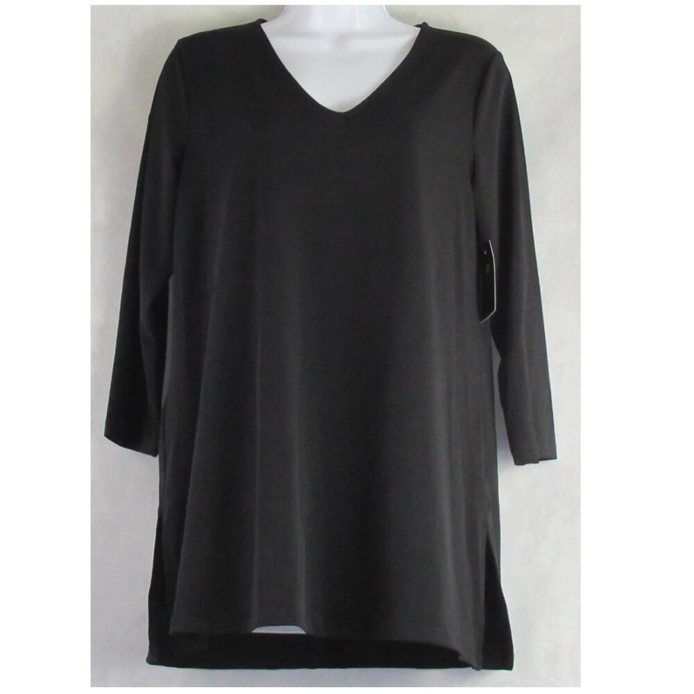 JM Collection Women's V-Neck 3/4-Sleeve Swing Knit Top, Deep Black, Small